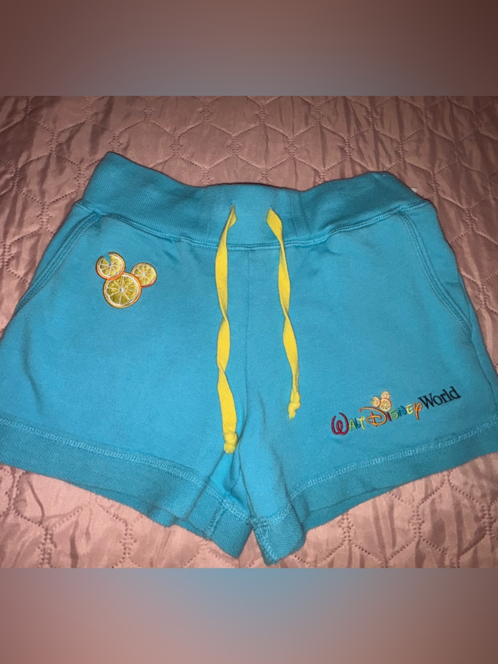 Disney Turquoise Shorts with Yellow Drawstring and Citrus Patch